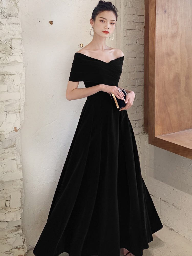 Black Velvet Elegant Lace-up Prom Dress, Black Off Shoulder Prom Dress