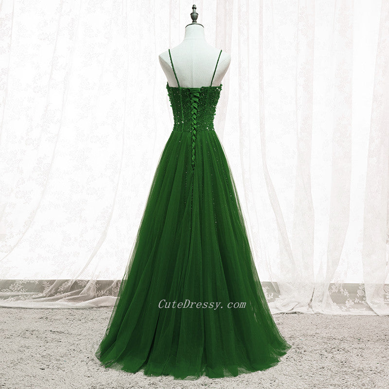 Green Beaded Tulle Sweetheart Tulle A-line Prom Dreess, Green Formal D Cutedressy Green Beaded Tulle Sweetheart Tulle A-line Prom Dreess, Green Formal D Cutedressy