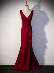 Wine Red V-neckline Mermaid Long Party Dress with Leg Slit, Wine Red Prom Dress