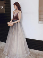 Beautiful Velvet and Gradient Tulle Straps Prom Dress, A-line Evening Party Dresses