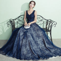 Navy Blue Lace A-line V-neckline Evening Gown, Prom Gown