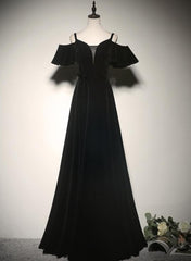 Black Off Shoulder Velvet Long A-line Prom Dress, Black Floor Length Party Dress Evening Dress