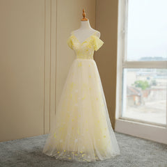 Beautiful Light Yellow Tulle Off Shoulder Evening Dress, Fashion Long Prom Dress
