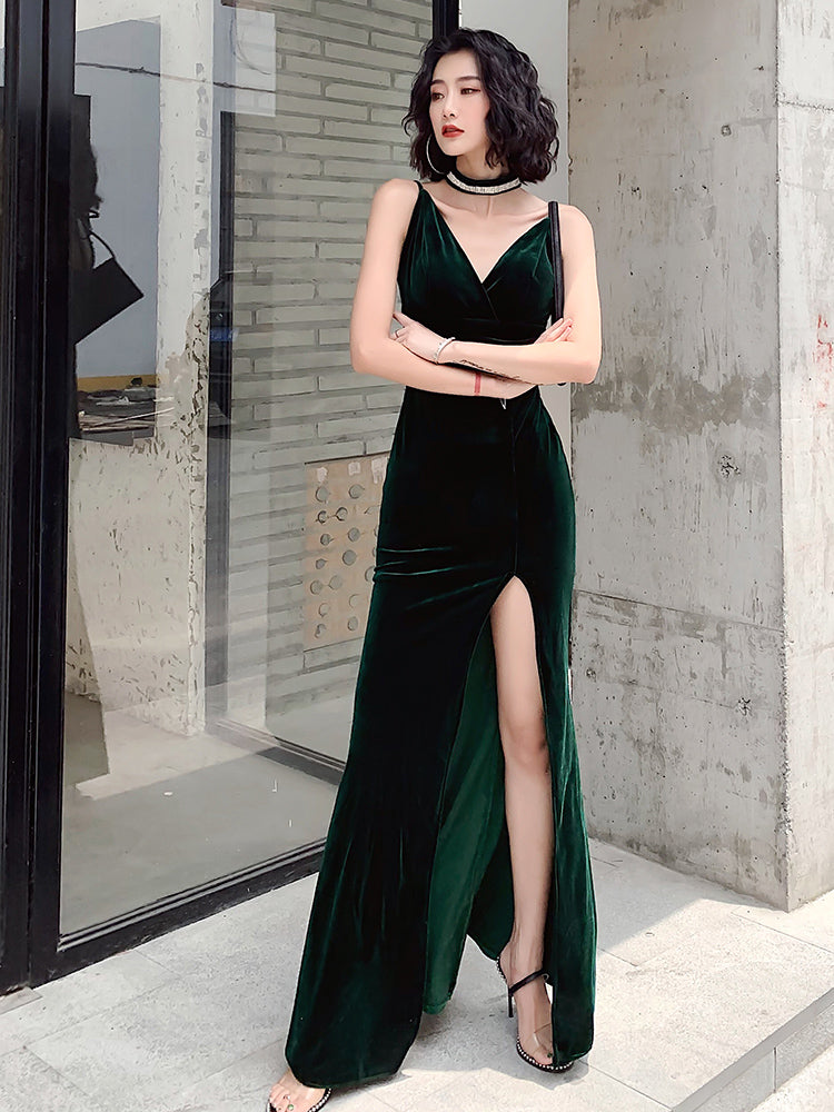Dark Green Velvet Long Straps Floor Length Party Dress, Green Prom Dress Formal Dress