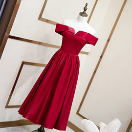 Beautiful Wine Red Tea Length Satin Bridesmaid Dress, Cute Short Prom Dress