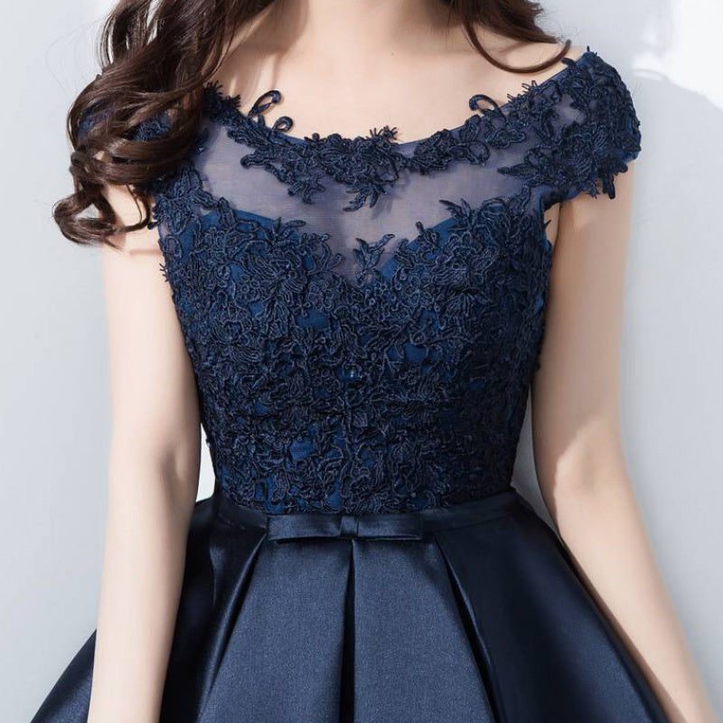 Beautiful Navy Blue Satin and Lace Knee Length Homecoming Dress, Short Cutedressy Beautiful Navy Blue Satin and Lace Knee Length Homecoming Dress, Short Cutedressy