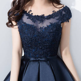 Beautiful Navy Blue Satin and Lace Knee Length Homecoming Dress, Short Prom Dress