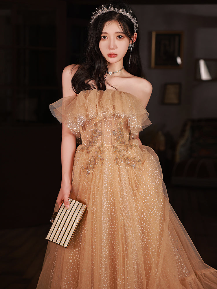 Pretty Champagne Scoop Neckling Short Sleeves Long Lace Prom Dress