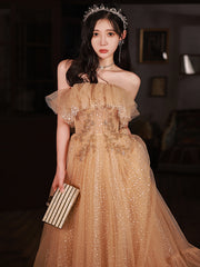 Champagne Scoop Tulle with Lace Applique Long Party Dress, A-line Prom Dress