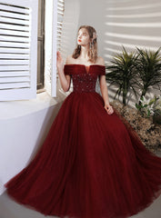 Wine Red Beaded Off Shoulder Lace-up Prom Dress, Wine Red Evening Party Dress