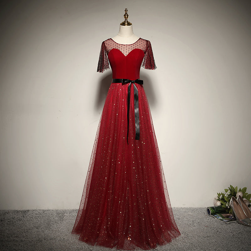 Red Tulle with Velvet Round Neckline Top Party Dress, A-line Evening Dress