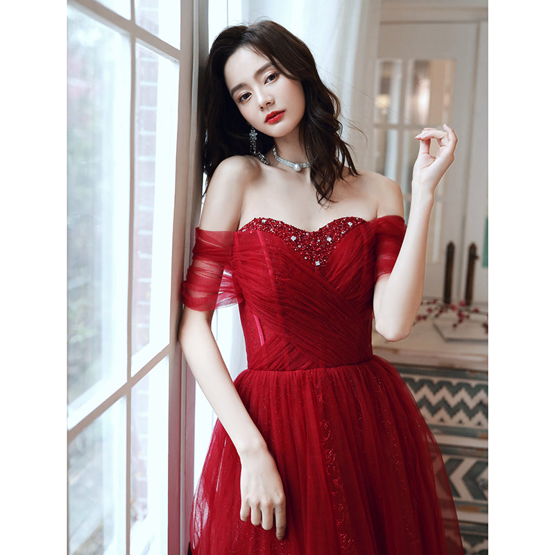 Wine Red Tulle Beaded Sweeetheart Long Evening Gown, Dark Red Prom Dre Cutedressy Wine Red Tulle Beaded Sweeetheart Long Evening Gown, Dark Red Prom Dre Cutedressy