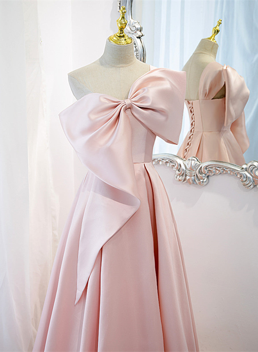 Pink Satin A-line Party Dress with Bow, One Shoulder Pink Prom Dress – Cutedressy Pink Satin A-line Party Dress with Bow, One Shoulder Pink Prom Dress – Cutedressy