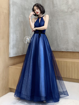 Tulle High Neckline A-line Long Prom Dress, Tulle Blue Evening Dress