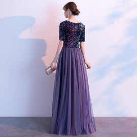 Charming Sequins and Tulle Short Sleeves Party Dress, Junior Prom Dress