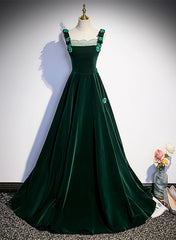 Dark Green Velvet Straps Long Formal Dress with Flowers, Green Evening Dress Prom Dress