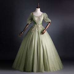 Light Green Tulle with Gold Lace Short Sleeves Formal Dress, Light Green Sweet 16 Gown