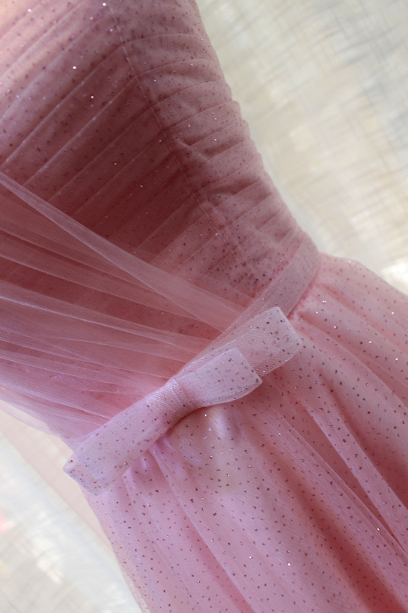 Beautiful Pink One Shoulder Tea Length Wedding Party Dress, Cute Party Dress