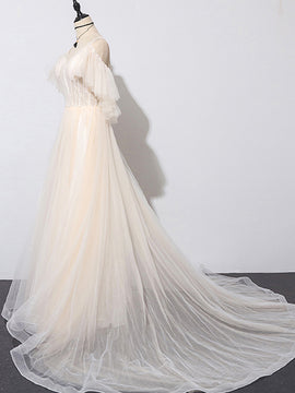 Beautiful Champagne Tulle Long A-line Party Dress, Evening Gown
