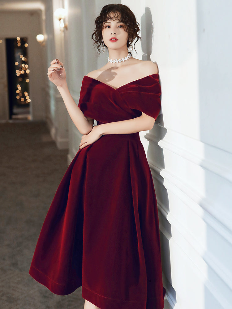 Beautiful Wine Red Velvet Tea Length Party Dress, Bridesmaid Dress