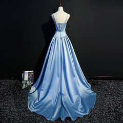 Blue Sweetheart Satin Long Party Gown with Straps, Blue Prom Dress