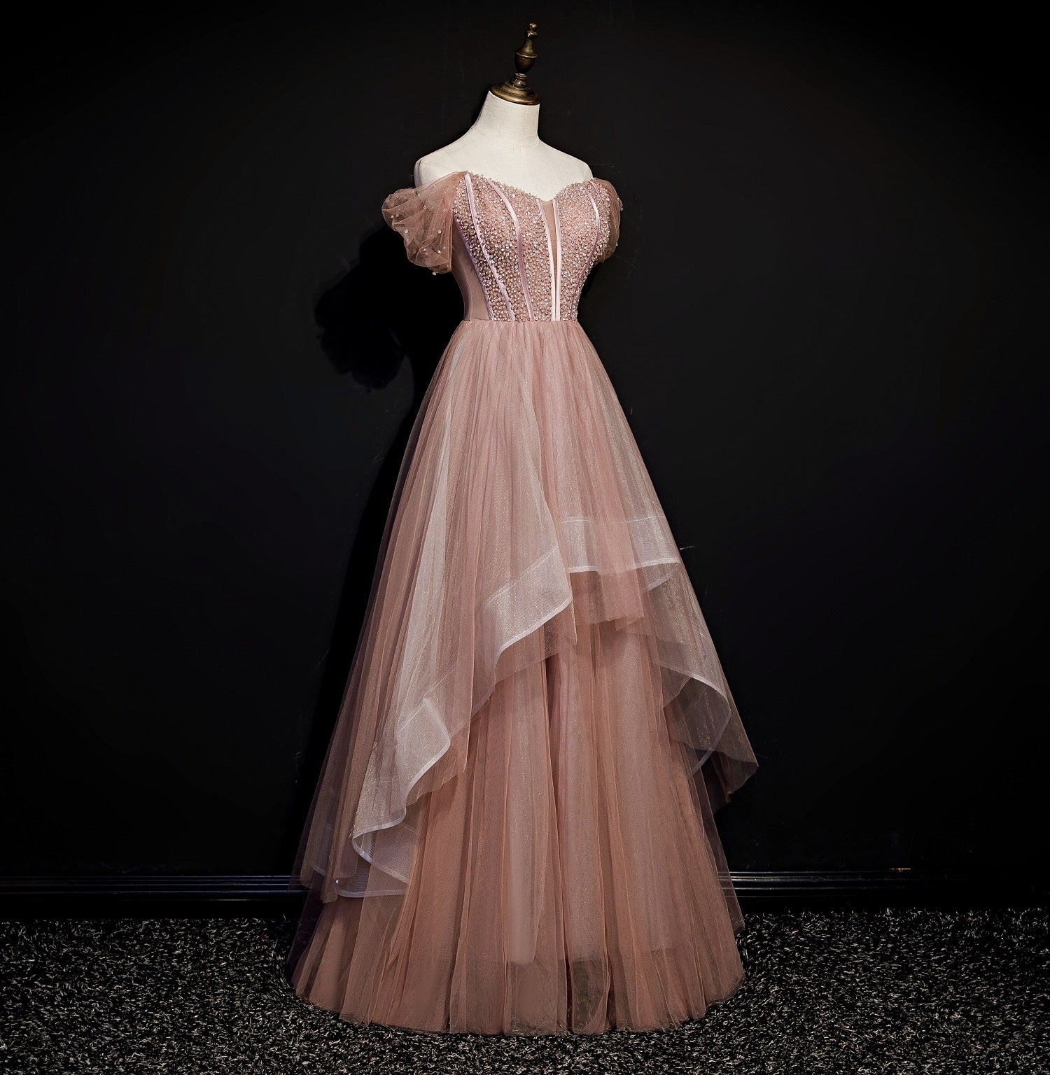 Dark Pink Tulle Beaded Layer Tulle Long Evening Dress, Charming Prom D Cutedressy Dark Pink Tulle Beaded Layer Tulle Long Evening Dress, Charming Prom D Cutedressy