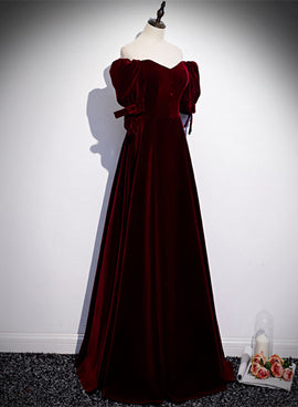 Wine Red Velvet Short Sleeves Long Party Dress, Wine Red Evening Prom Dress