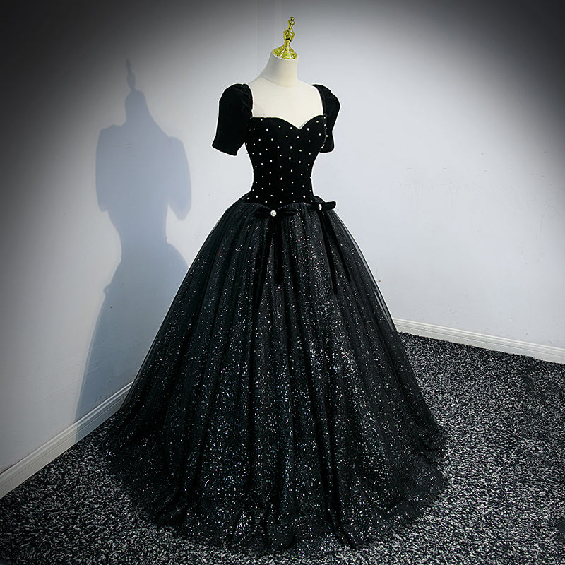 Black Short Sleeves Shiny Tulle Long Party Dress, Ball Gown Beaded Black Formal Dress
