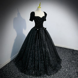 Black Short Sleeves Shiny Tulle Long Party Dress, Ball Gown Beaded Black Formal Dress