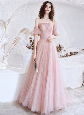 Cute Pink Tulle Long Formal Gown, A-line Off Shoulder Floor Length Prom Dress