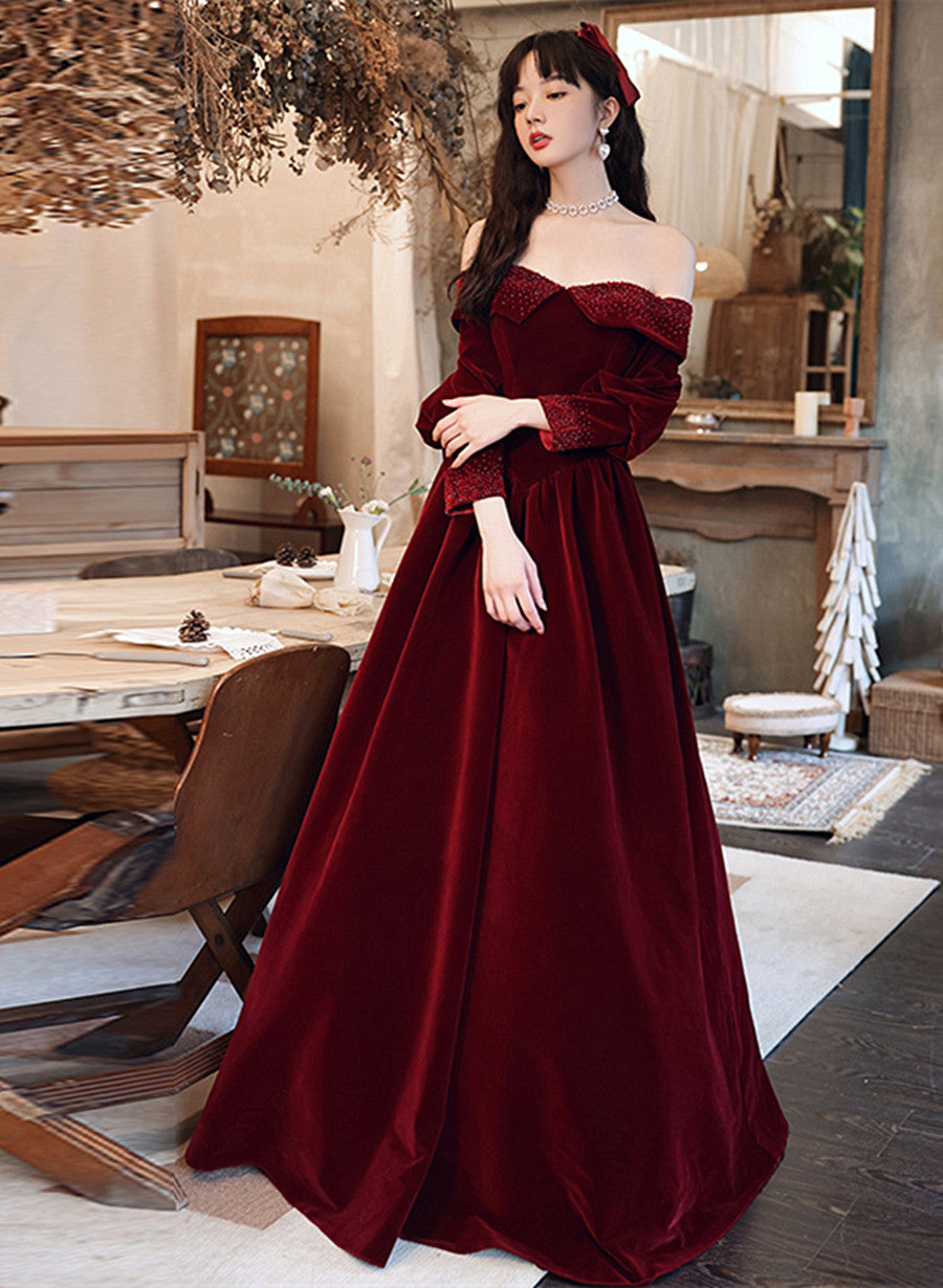 Wine Red Velvet Long Sleeves Beaded Party Dress, Sweetheart Long Prom Dress Wine Red Velvet Long Sleeves Beaded Party Dress, Sweetheart Long Prom Dress