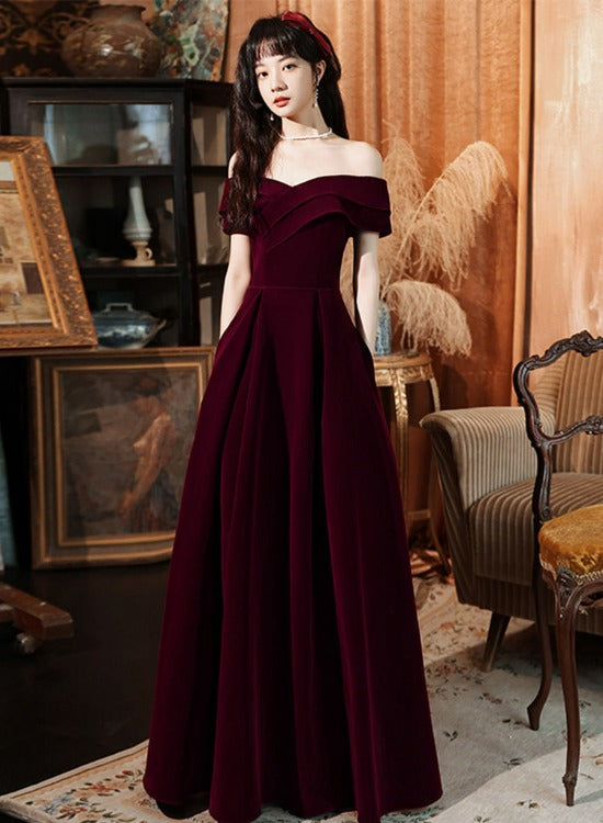 Dark Red Velvet Long Party Dress Prom Dress 2022, A-line Formal Dresses Evening Dresses
