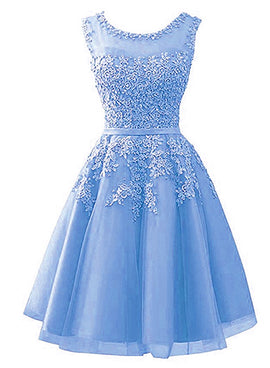 Blue Tulle Round Neckline Beaded Short Homecoming Dress, Lace Applique Cute Prom Dress