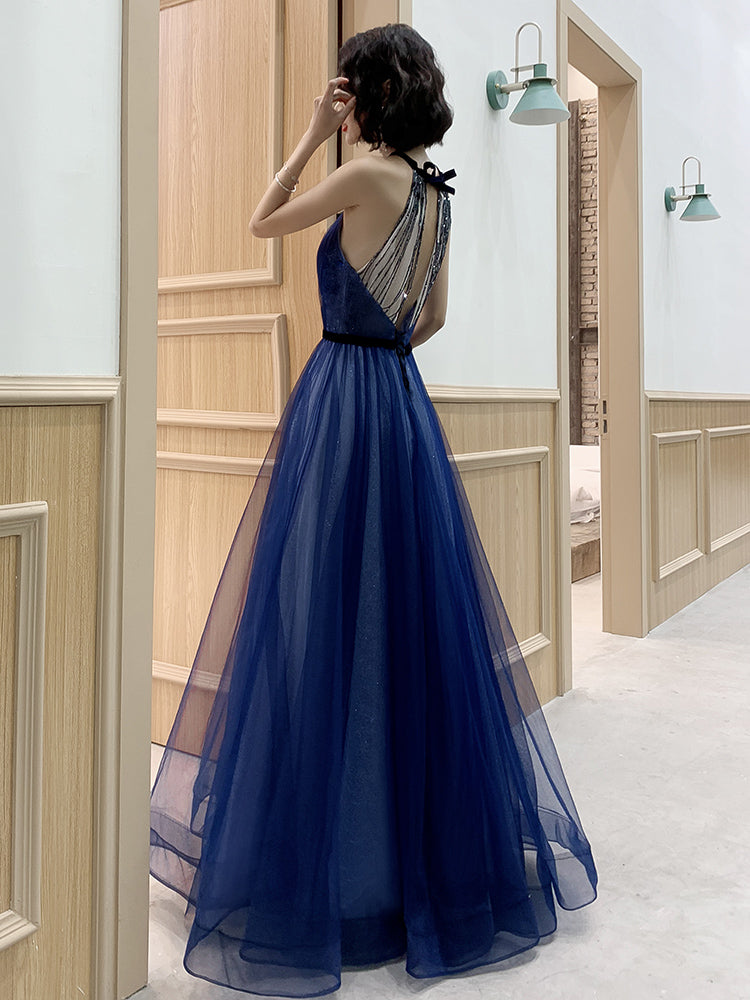 Tulle High Neckline A-line Long Prom Dress, Tulle Blue Evening Dress