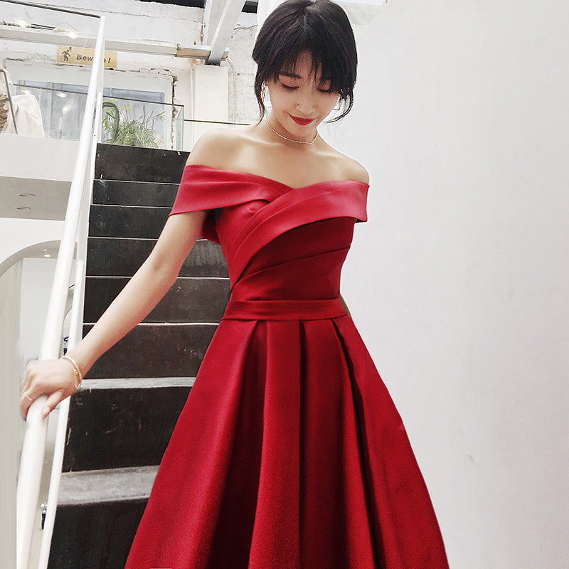 Beautiful Red Satin Off Shoulder Long Party Dress, Red Prom Dress ...