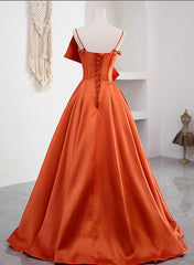 A-line Satin Orange Floor Length Straps Prom Dress, Chic Satin Evening Dress