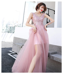 Pink Beaded V-neckline Tulle Long Party Dress, Pink Floor Length Prom Dress