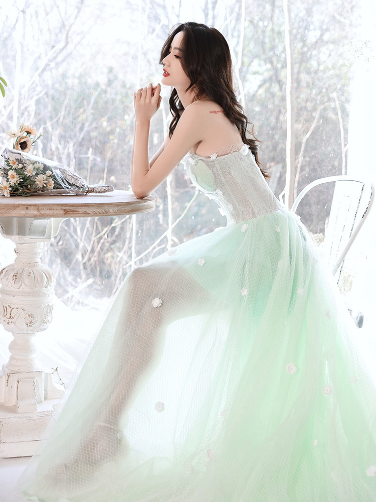 Light Mint Green Flowers Beautiful Long Tulle Party Dress, Light Green Cutedressy Light Mint Green Flowers Beautiful Long Tulle Party Dress, Light Green Cutedressy