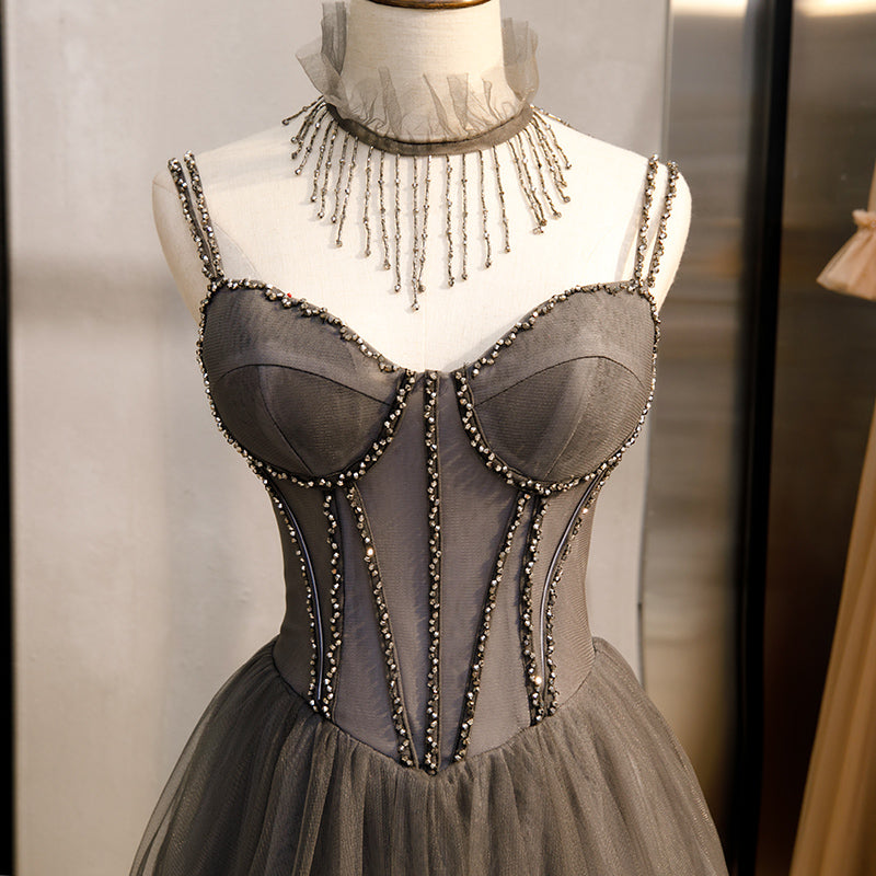 Glam Grey Beaded Tulle Long Evening Dress Party Dress, A-line Straps Evening Formal Dresses