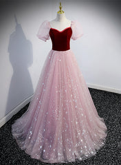 Pink Tulle with Wine Red Velvet Sweetheart Prom Dress, A-line Long Party Dress