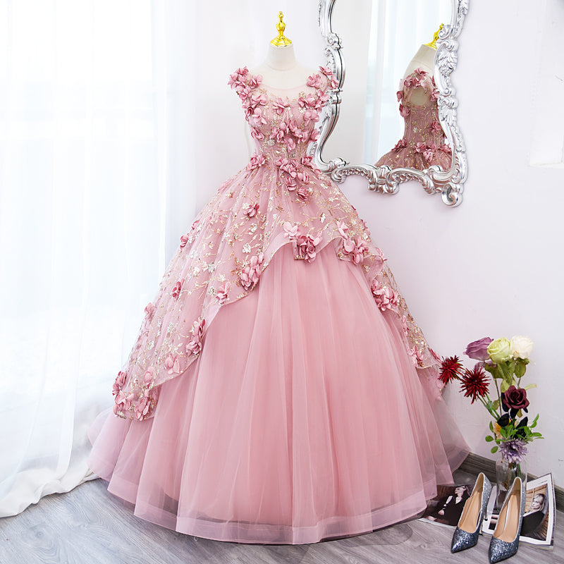 Lovely Pink Tulle Long Party Dress with Flowers, Pink Tulle Sweet