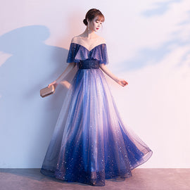 Beautiful Blue Tulle Gradient Long Bridesmaid Dress, Wedding Party Dress