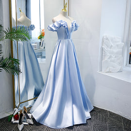 Blue Satin Simple Off Shoulder Long Party Dress 2022, A-line Light Blue Prom Dresses