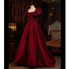 Wine Red Short Sleeves Floor Length Long Evening Dresses, Ball Gown Formal Dresses