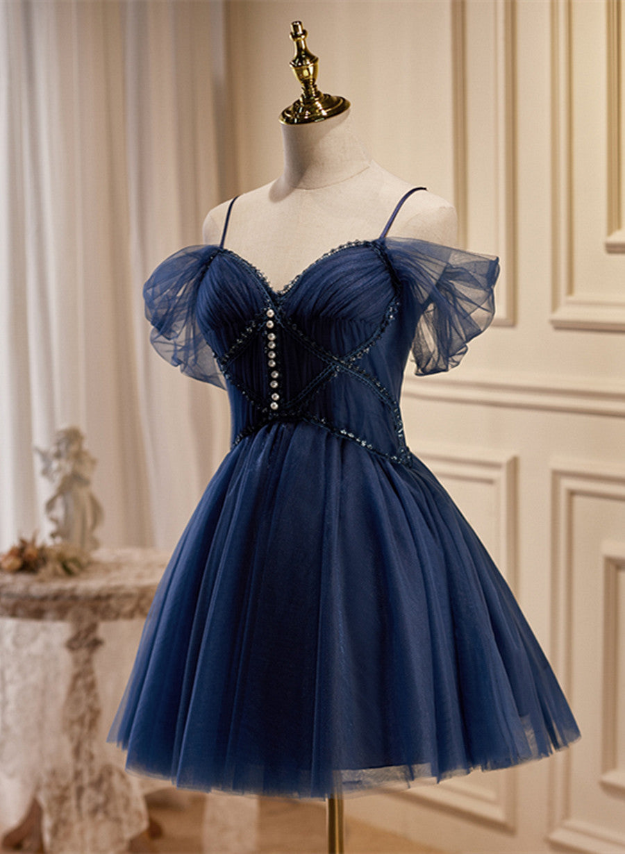 Navy Blue Cute Short Sweetheart Beaded Party Dress, Navy Blue Short Prom Dress Navy Blue Cute Short Sweetheart Beaded Party Dress, Navy Blue Short Prom Dress