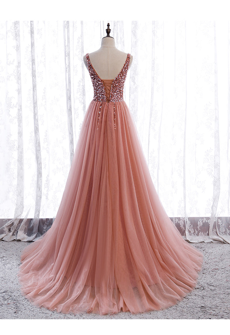 Pink Long Sparkle Beaded Tulle Slit Prom Dress,Pink V-neckline Evening Gown