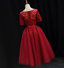 Red Lace Top Short Sleeves Tulle Tea Length Party Dress, Red Wedding Party Dress