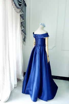Off Shoulder Blue Satin Floor Length Party Dress, A-line Junior Prom Dress