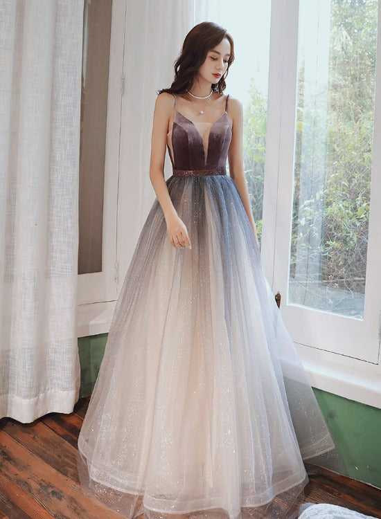 Beautiful Velvet and Gradient Tulle Straps Prom Dress, A-line Evening Party Dresses