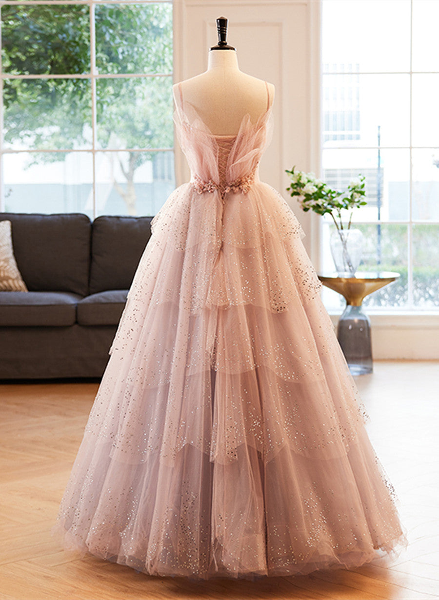 Glam Pink Tulle Straps Beaded Long Party Dress, A-line Pink Formal Dress